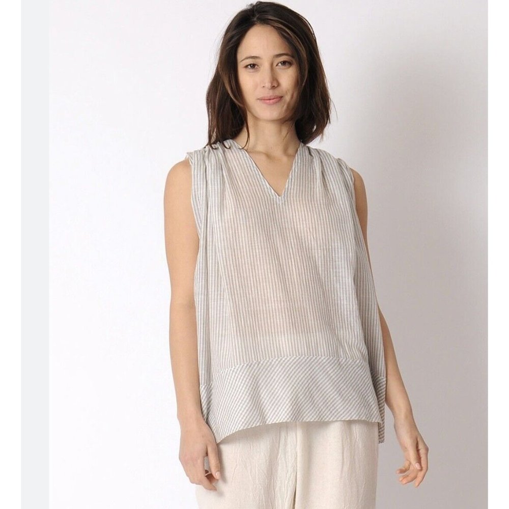 Mirth One Size Nantucket Beige Striped Top Cotton Voile Shoulder Pleats Back Tie